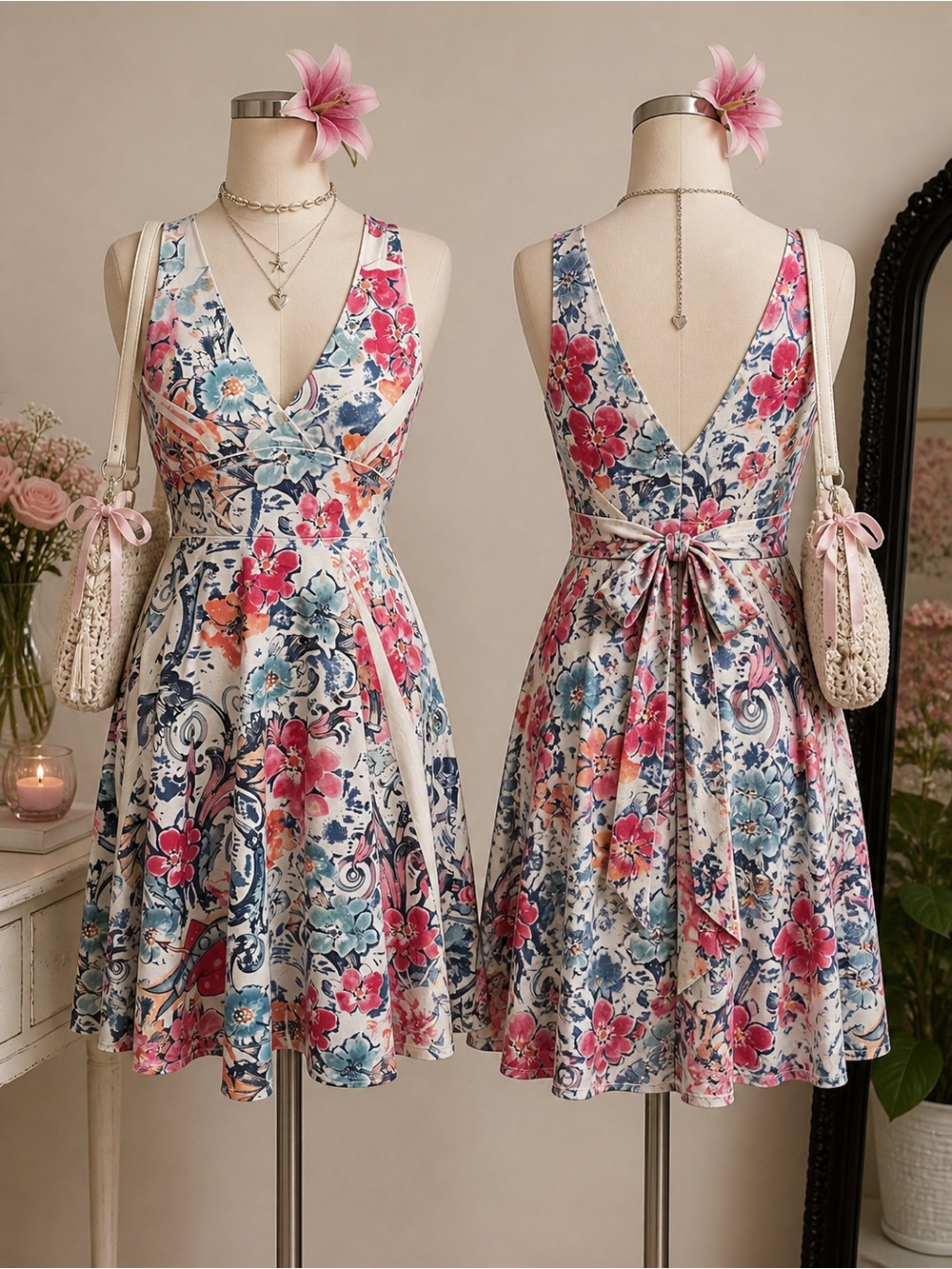 Shoreline floral halter fit flare dress white pink blue sleeveless size L